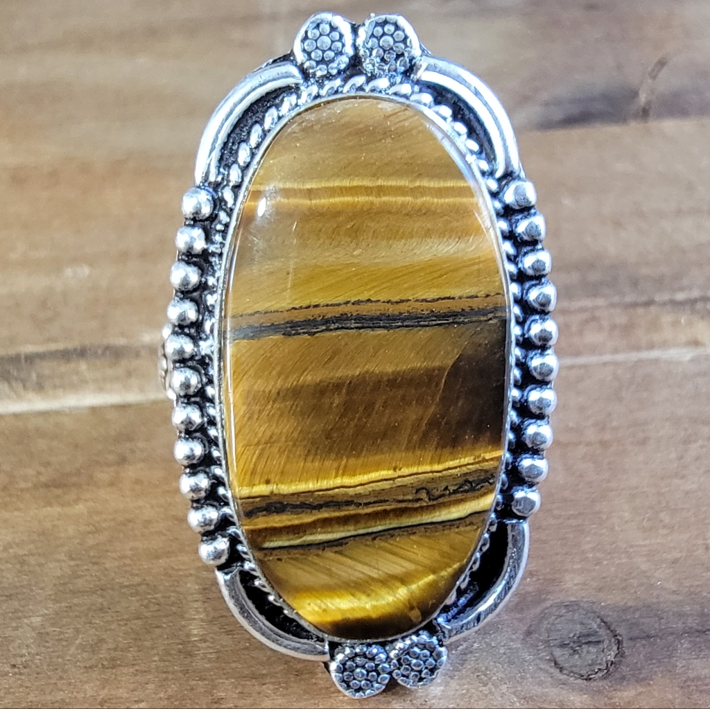 Native Oval Tiger Eye Ring In Golden Brown And Silver